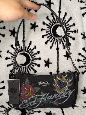 BRAND NEW Ed Hardy Viral Black Denim Rhinestone Rose & Heart Shoulder Mini Bag